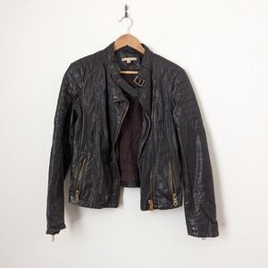 Vintage Espirit Chocolate Dark Brown Leather Quilted Moto Biker Jacket
